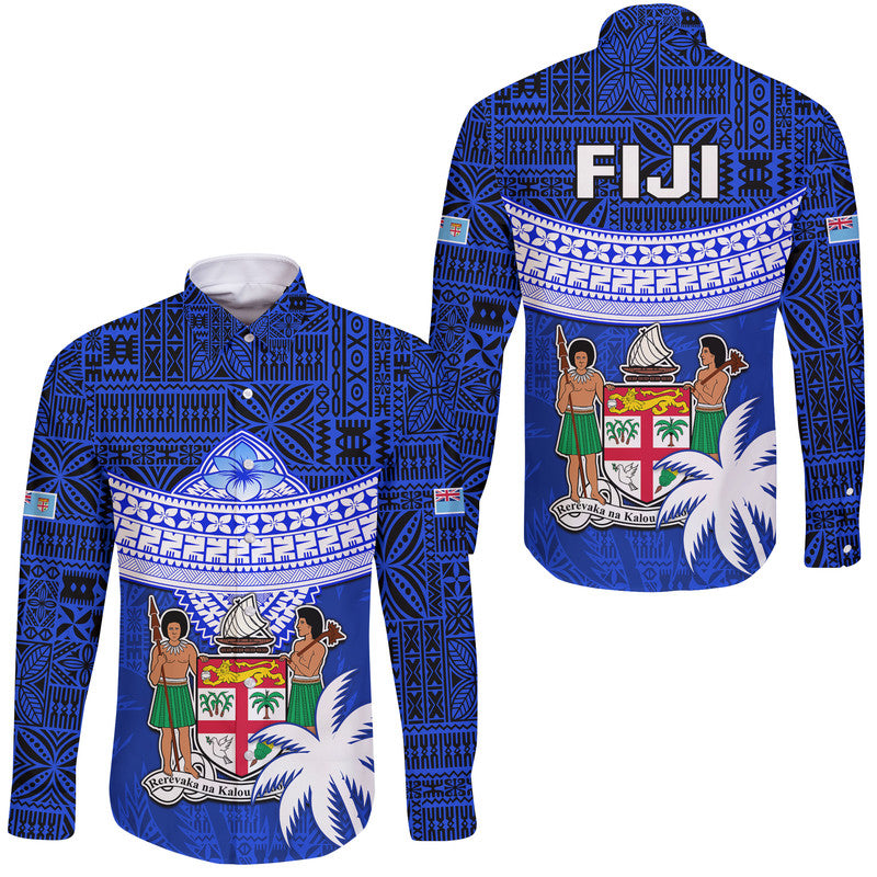 Fiji Coat Of Arms Hawaii Long Sleeve Button Shirt Polynesian Tapa Palm Tree LT9 Unisex Blue - Polynesian Pride