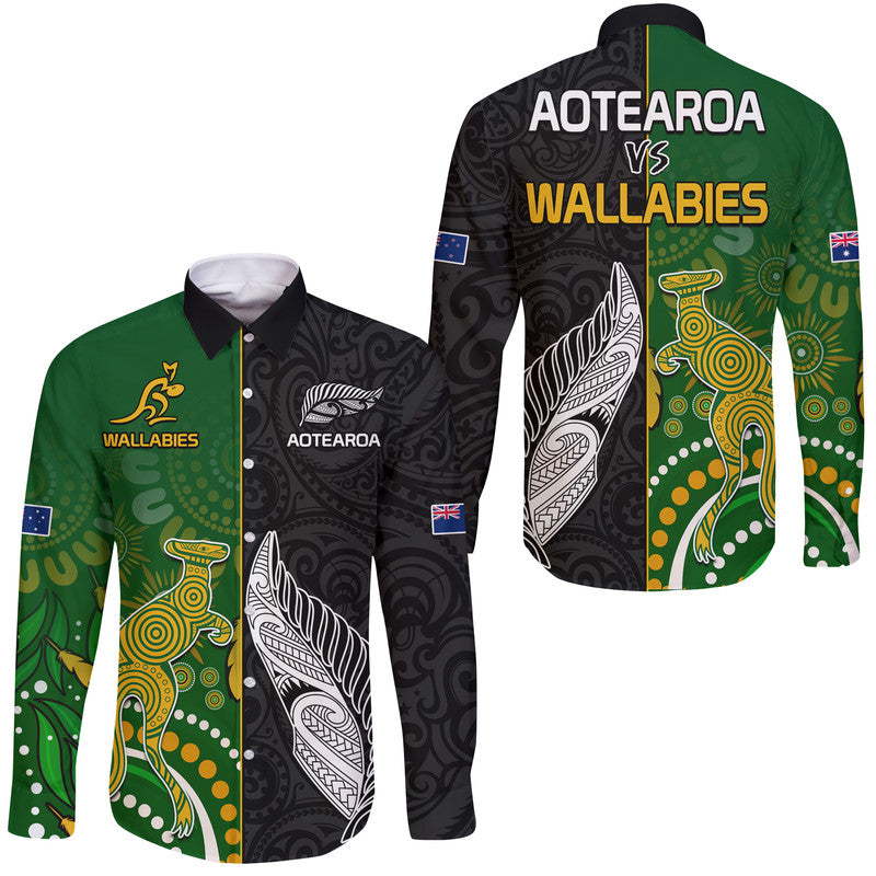 Aotearoa Rugby All Black Combine Australia Wallabies Hawaii Long Sleeve Button Shirt Aboriginal Kangaroo And Maori Fern LT9 Unisex Black - Polynesian Pride