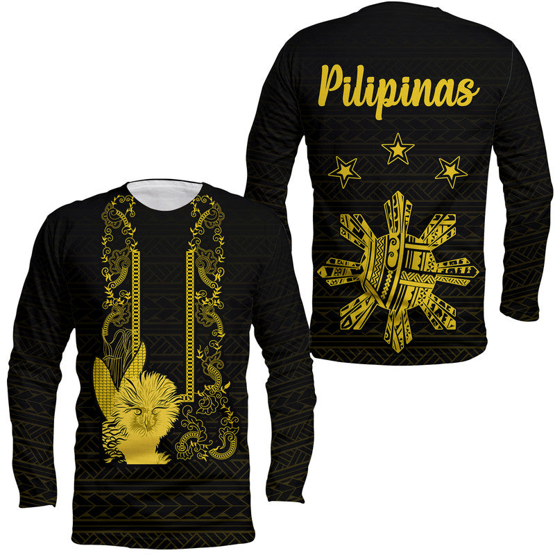 Philippines Eagle Barong Long Sleeve Shirt Filipino Eight Rayed Gold Sun LT9 Unisex Black - Polynesian Pride