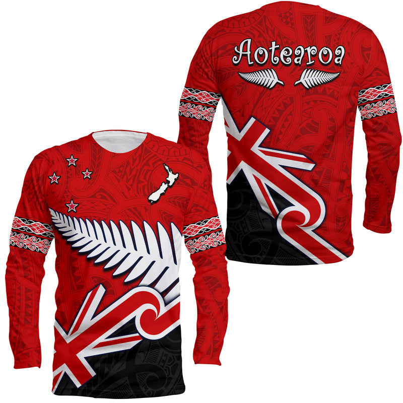 Waitangi Long Sleeve Shirt Aotearoa Tino Rangatiratanga Flag with Silver Fern LT9 Unisex Red - Polynesian Pride