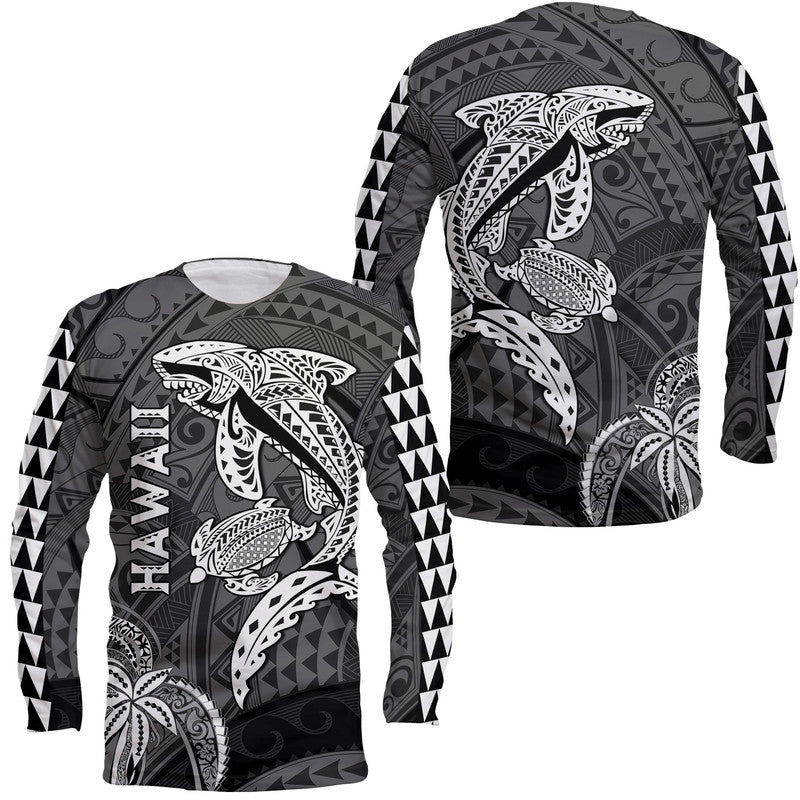 Hawaii Long Sleeve Shirt Shark and Turtle Mix Kakau LT9 Unisex Black - Polynesian Pride