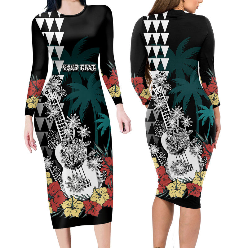 (Custom Personalised) Hawaii Ukulele Mix Hibiscus and Coconut Tree Long Sleeve Dress Aloha Vintage Black Version LT9 Polyester/spandex Black - Polynesian Pride