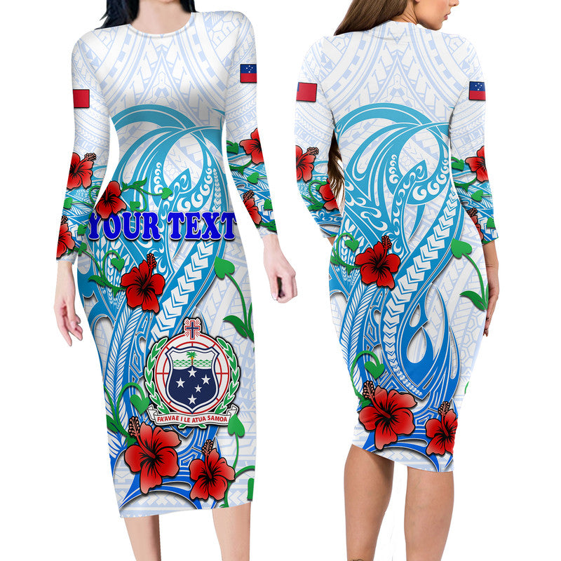 (Custom Personalised) Special Samoa HRPP Party Long Sleeve Dress Tribal Samoan Hibiscus Design LT9 Polyester spandex Blue - Polynesian Pride