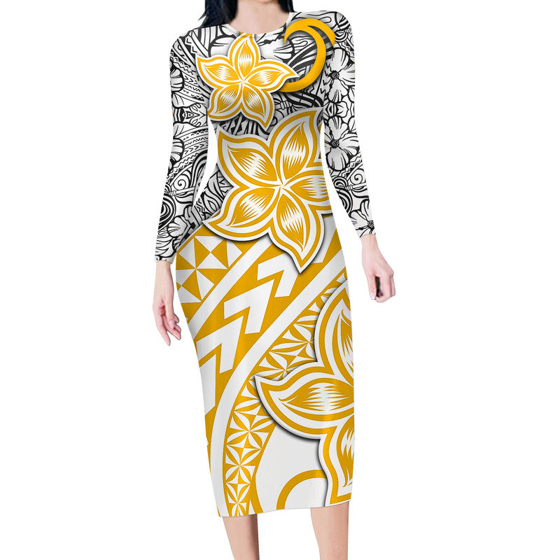 Traditional Polynesian Tribal Tattoo Retro Long Sleeves Dress Yellow LT9 Women Yellow - Polynesian Pride