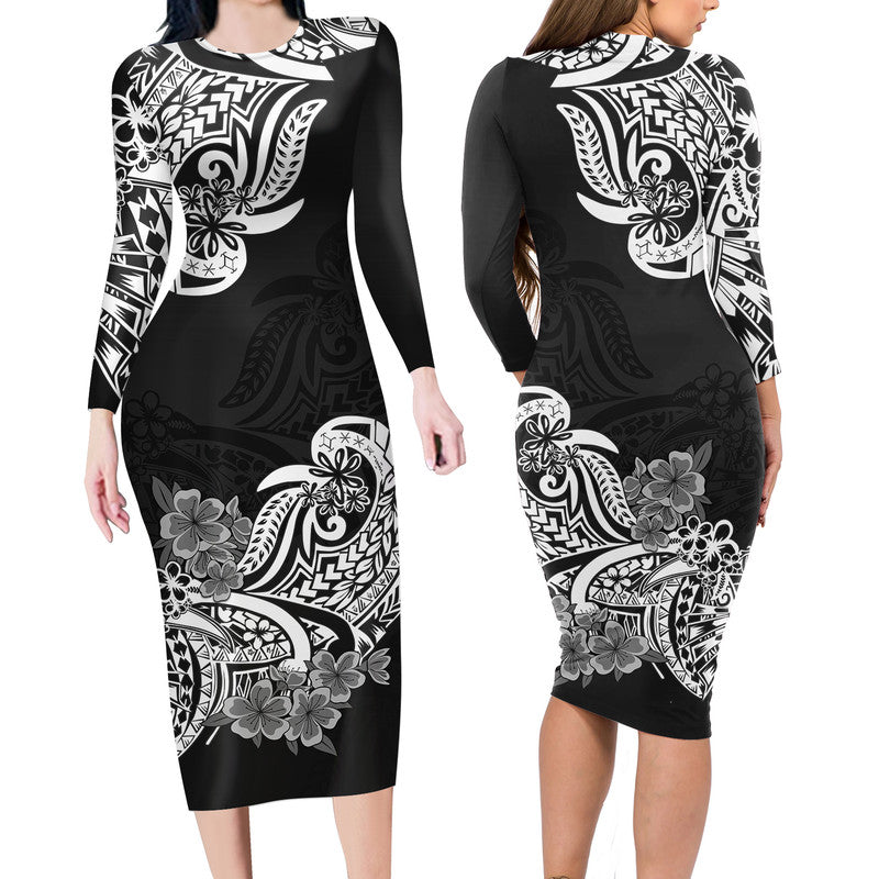 Polynesian Floral Tribal Long Sleeves Dress Black LT9 Women Black - Polynesian Pride