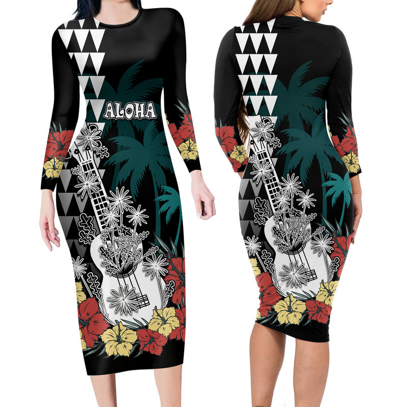 Hawaii Ukulele Mix Hibiscus and Coconut Tree Long Sleeve Dress Aloha Vintage Black Version LT9 Polyester/spandex Black - Polynesian Pride