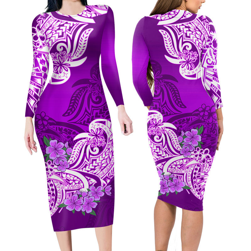 Polynesian Floral Tribal Long Sleeves Dress - Purple LT9 Polyester/spandex Purple - Polynesian Pride