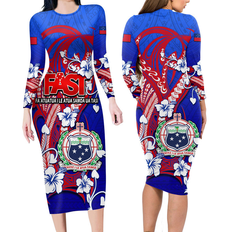 Special Samoa FAST Party Long Sleeve Dress Tribal Samoan Hibiscus Design LT9 Polyester spandex Blue - Polynesian Pride