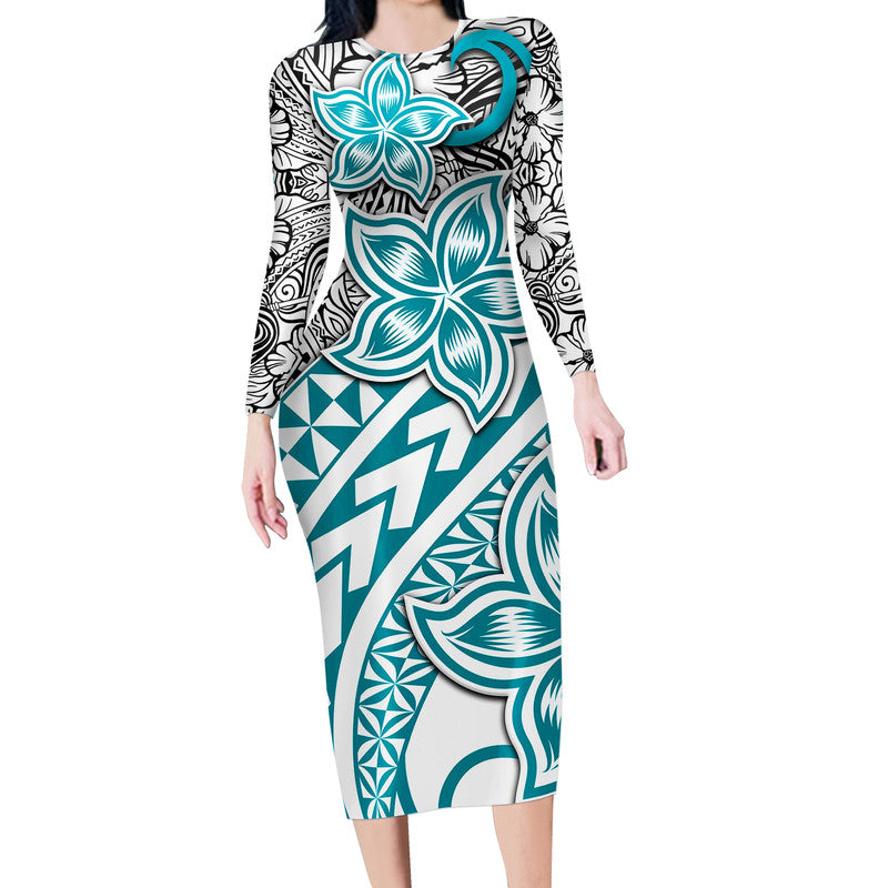 Traditional Polynesian Tribal Tattoo Retro Long Sleeves Dress Turquoise LT9 Women Turquoise - Polynesian Pride