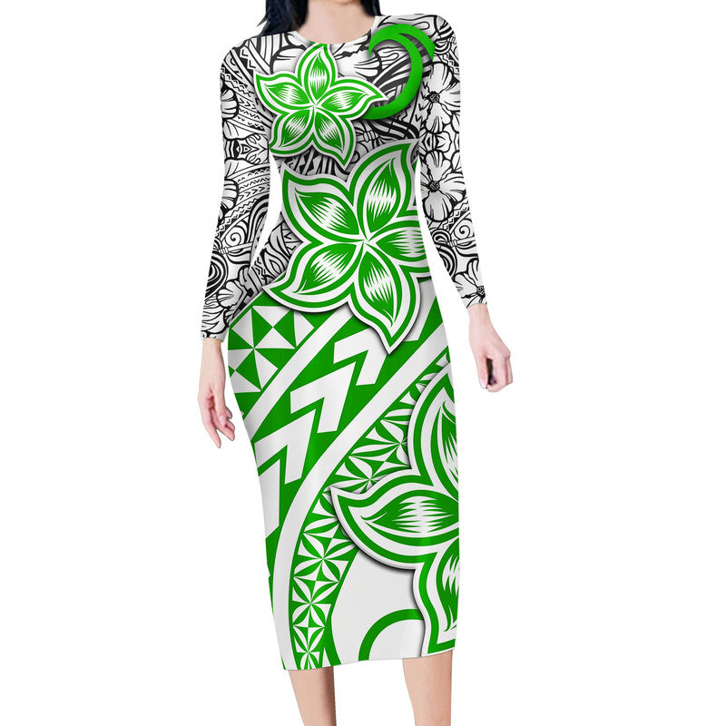 Traditional Polynesian Tribal Tattoo Retro Long Sleeves Dress Green LT9 Women Green - Polynesian Pride