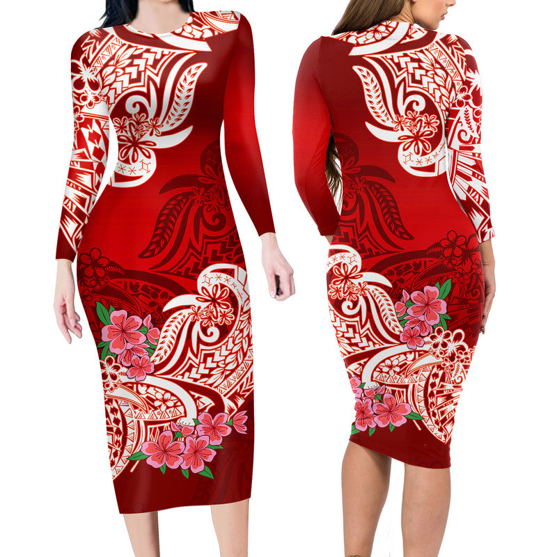 Polynesian Floral Tribal Long Sleeves Dress - Red LT9 Polyester spandex Red - Polynesian Pride