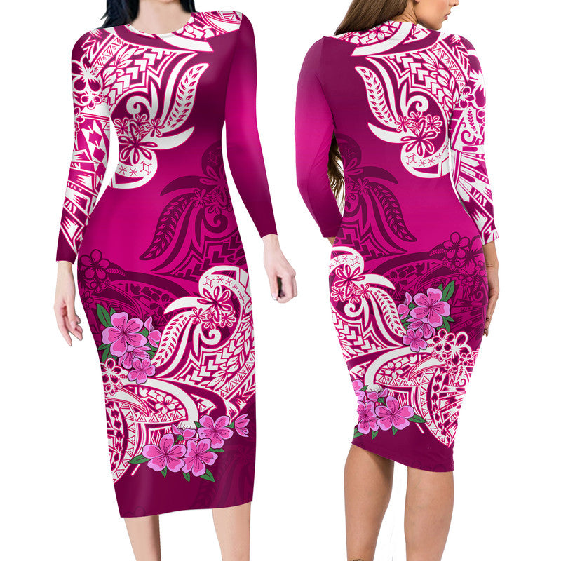 Polynesian Floral Tribal Long Sleeves Dress - Pink LT9 Polyester spandex Pink - Polynesian Pride