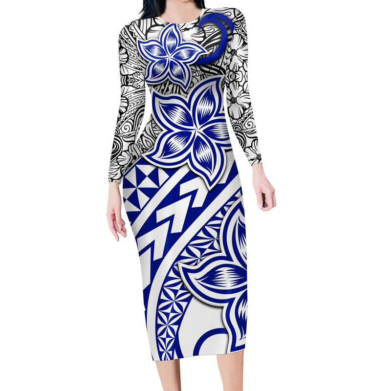 Traditional Polynesian Tribal Tattoo Retro Long Sleeves Dress Blue LT9 Women Blue - Polynesian Pride