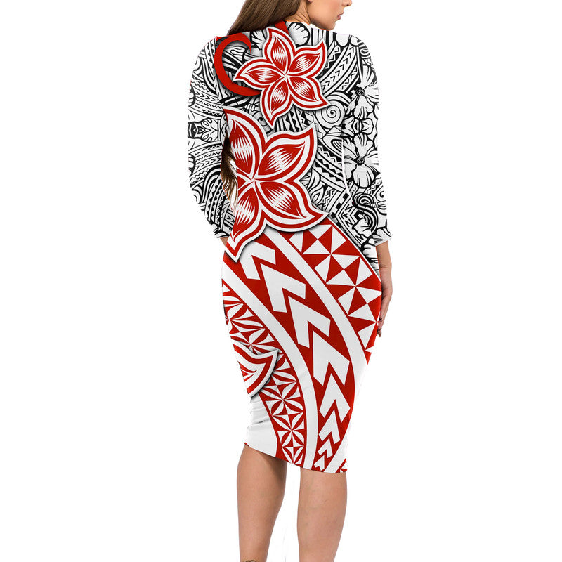 Traditional Polynesian Tribal Tattoo Retro Long Sleeves Dress Red LT9 Women Red - Polynesian Pride