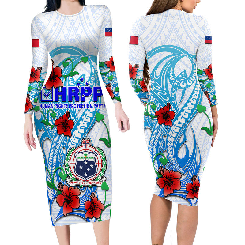 Special Samoa HRPP Party Long Sleeve Dress Tribal Samoan Hibiscus Design LT9 Polyester spandex Blue - Polynesian Pride