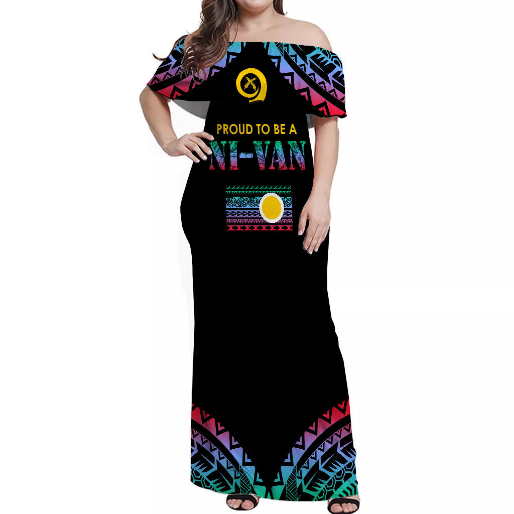 Vanuatu Proud To Be A Ni-Van - Polynesian Pattern Off Shoulder Long Dress - Shefa Province LT7 Women Black - Polynesian Pride