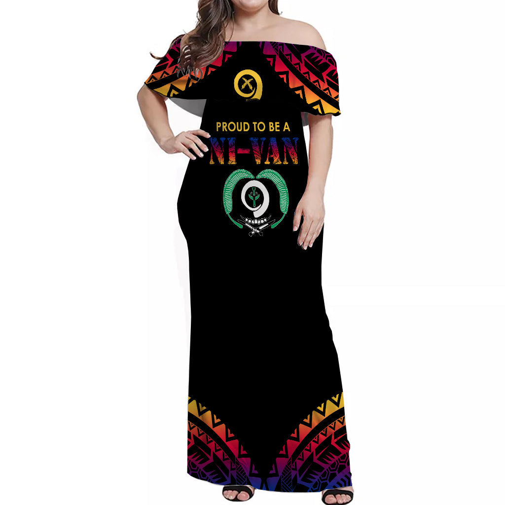 Vanuatu Proud To Be A Ni-Van - Polynesian Pattern Off Shoulder Long Dress - Torba Province LT7 Women Black - Polynesian Pride