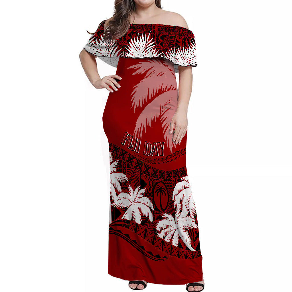 Fiji Day Off Shoulder Long Dress Flying Fijians Masi Kesa Style - Red LT7 Women Red - Polynesian Pride