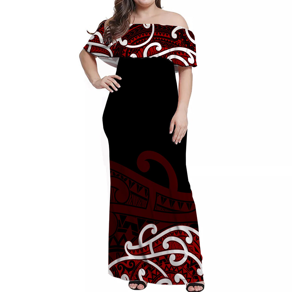 Maori Off Shoulder Long Dress Tino Moku Curves Special LT7 Long Dress Black - Polynesian Pride