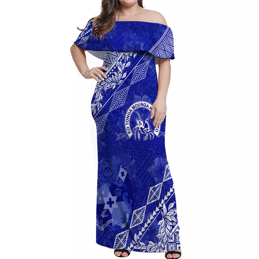 Queen Salote College Tonga Off Shoulder Long Dress Kupesi Style - Ver01 LT7 Women Blue - Polynesian Pride