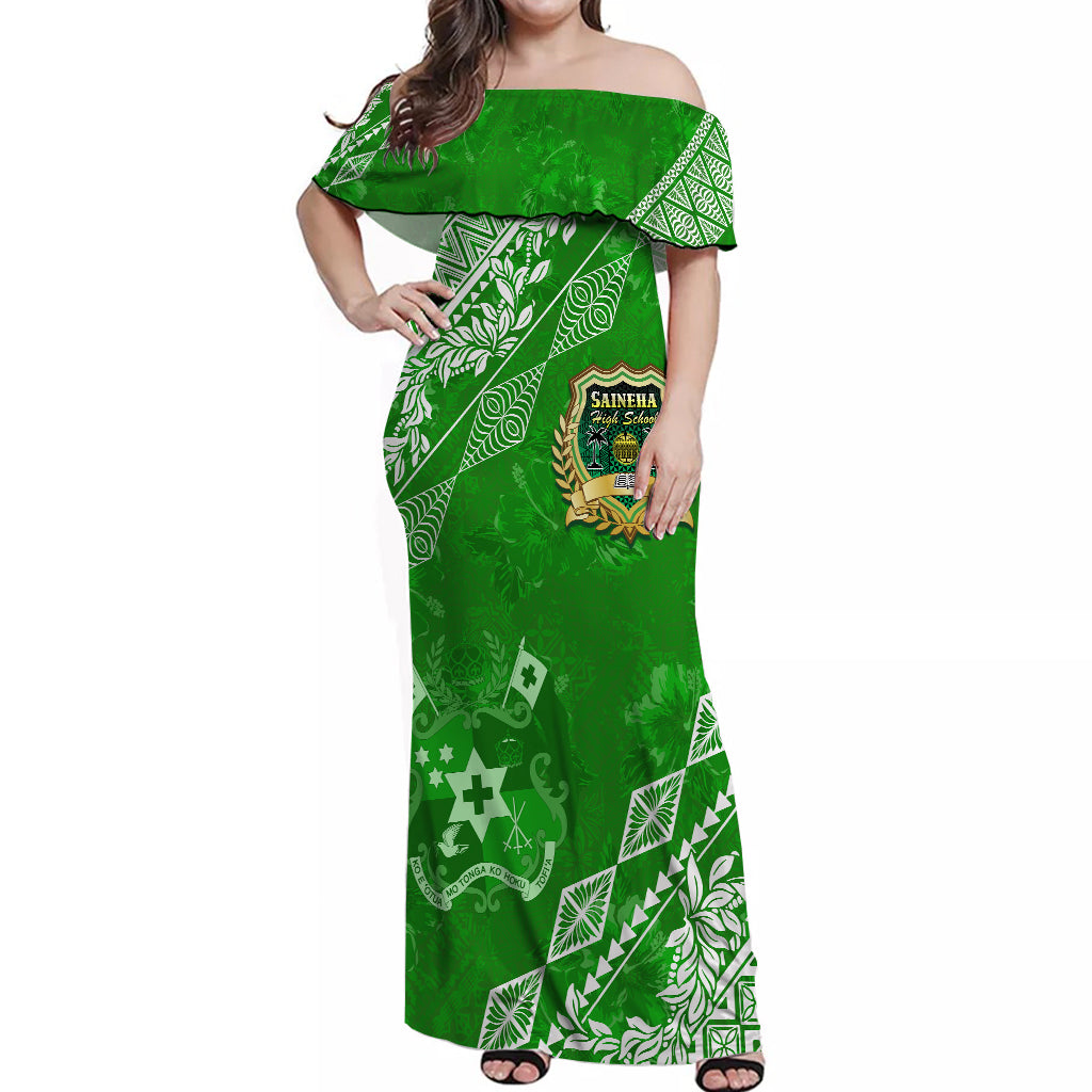 Saineha High School Tonga Off Shoulder Long Dress Kupesi Style - Ver01 LT7 Women Green - Polynesian Pride