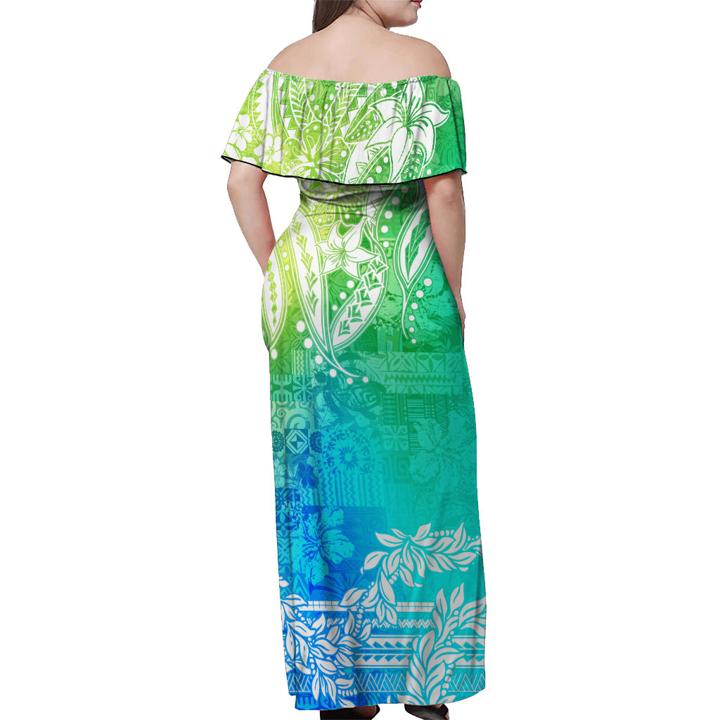 Polynesian Off Shoulder Long Dress Tapa Plumeria Style - Oceanic LT7 - Polynesian Pride
