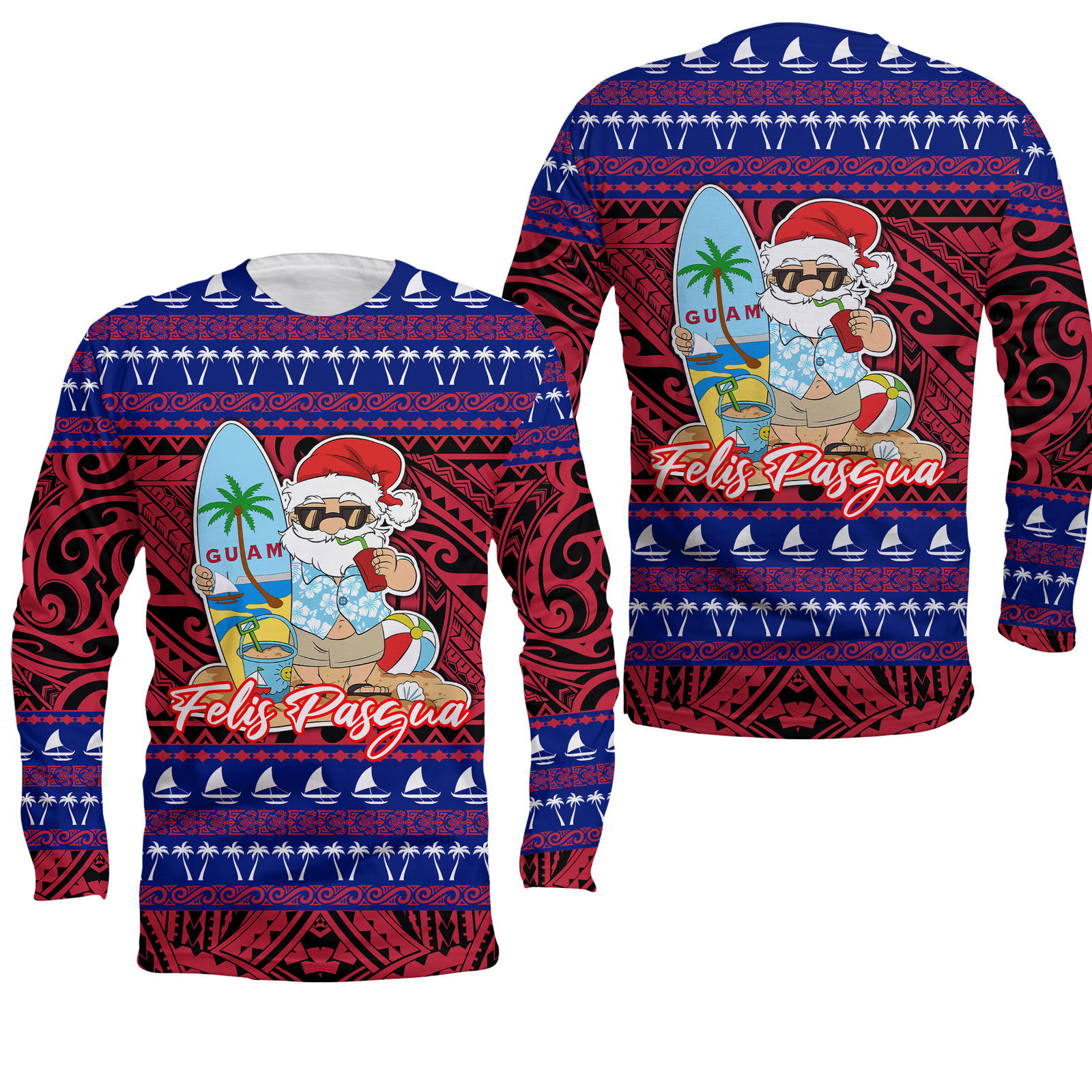 Guam Christmas - Felis Pasgua Santas Guam Surf Board Long Sleeve Shirt - LT2 Unisex RED - Polynesian Pride