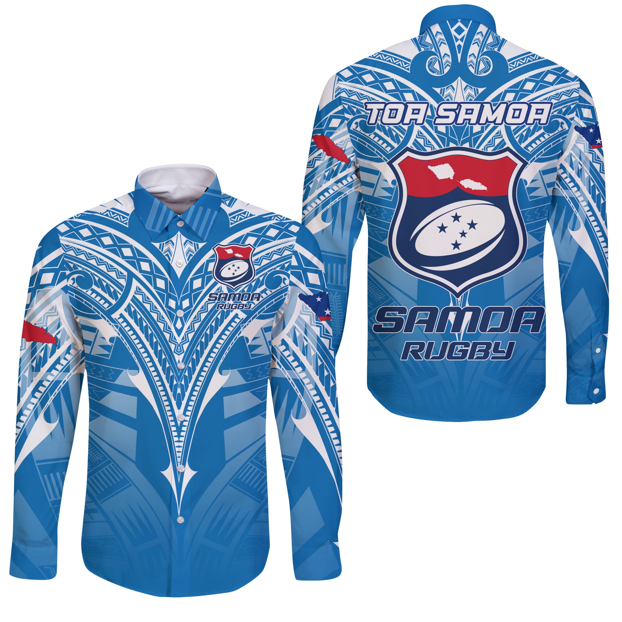 Samoa Rugby Toa Samoa Blue Style Sleeve Button Shirt - LT2 Unisex BLUE - Polynesian Pride