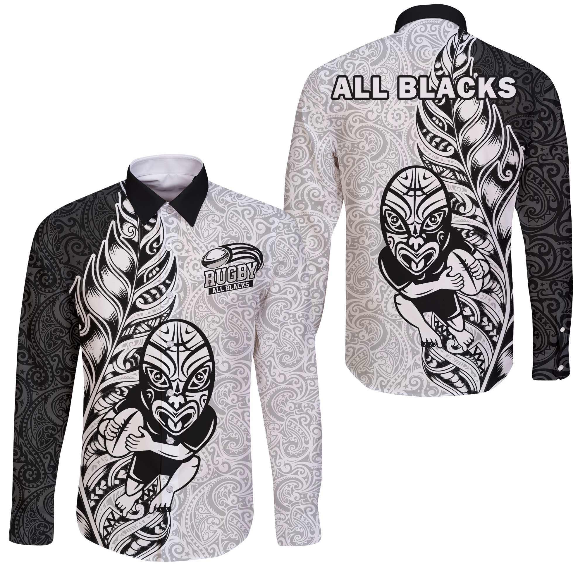 New Zealand Maori All Black Rugby Long Sleeve Button Shirt - LT2 Unisex WHITE - Polynesian Pride