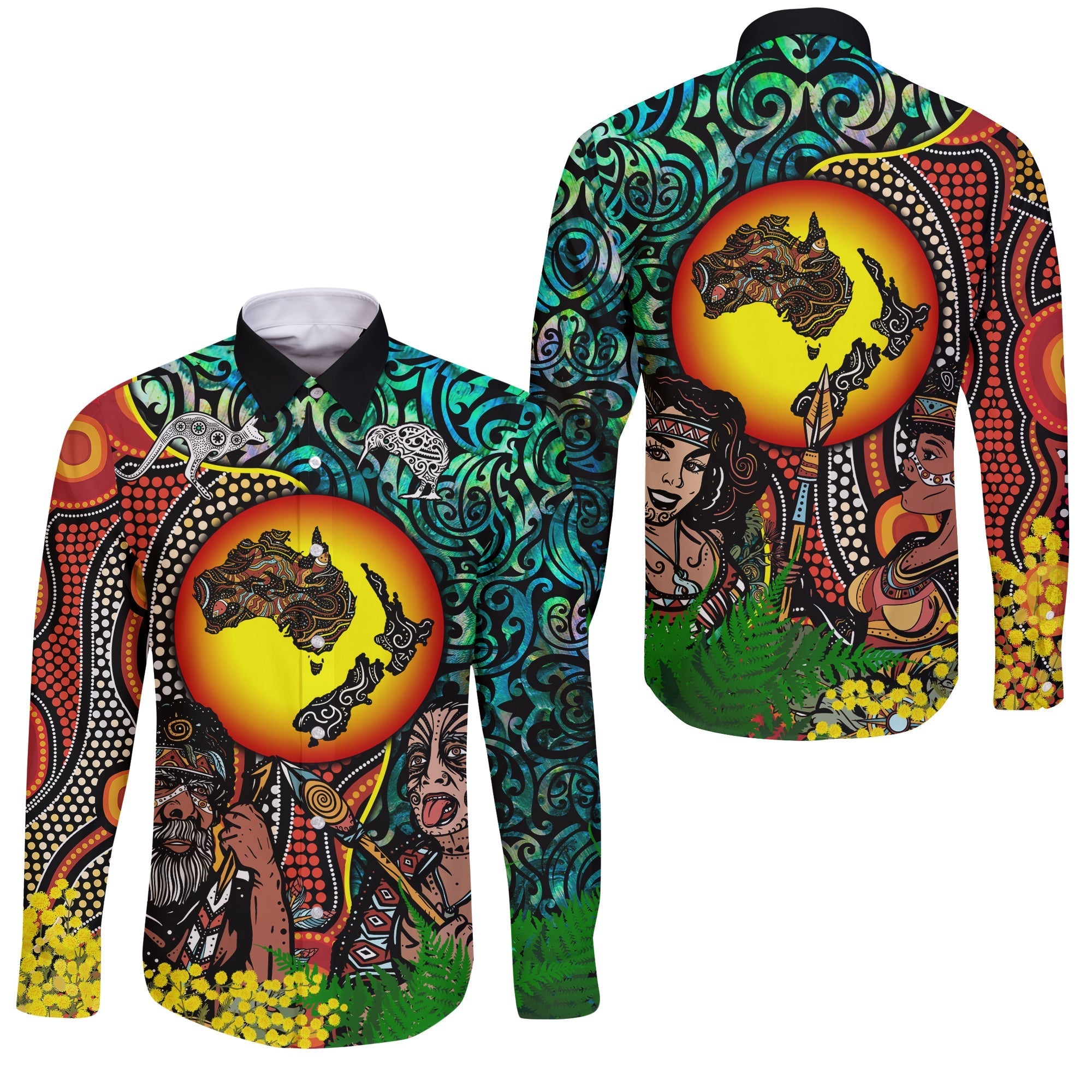 Australia Aboriginal Kangaroo Combine New Zealand Maori Kiwi Bird Long Sleeve Button Shirt - LT2 Unisex Art - Polynesian Pride