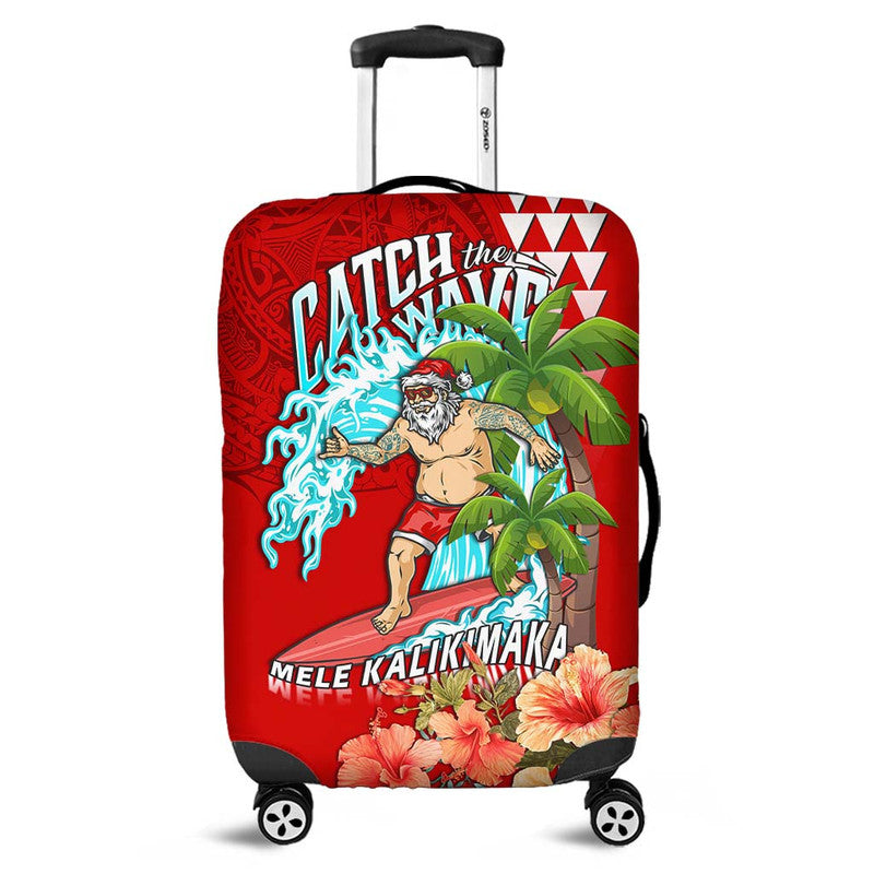 Hawaii Mele Kalikimaka Luggage Cover Santa Claus Surfing Xmas Time LT9 Red - Polynesian Pride