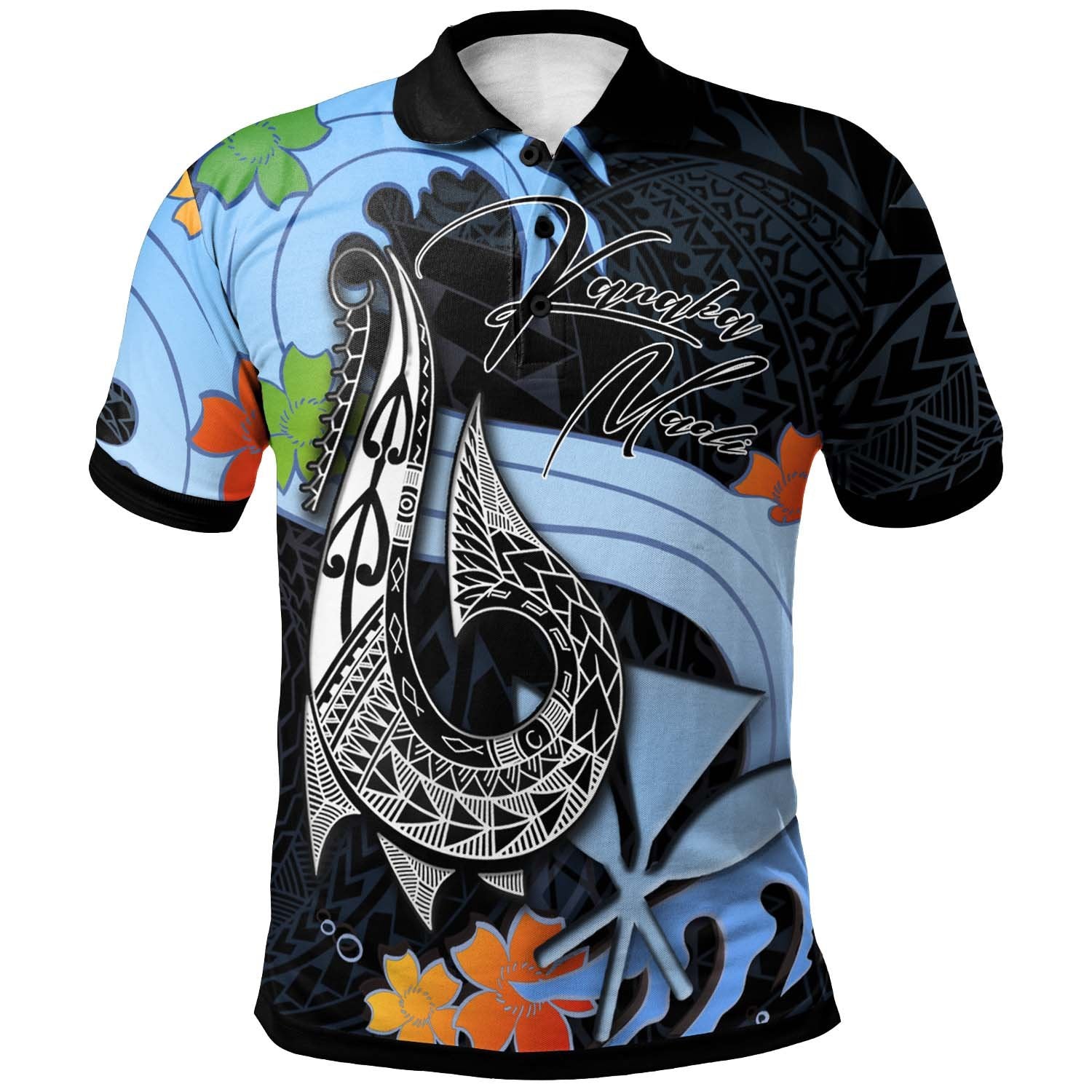 Hawaii Kanaka Maoli Polo Shirt Fish Hooks and Wave Unisex Black - Polynesian Pride