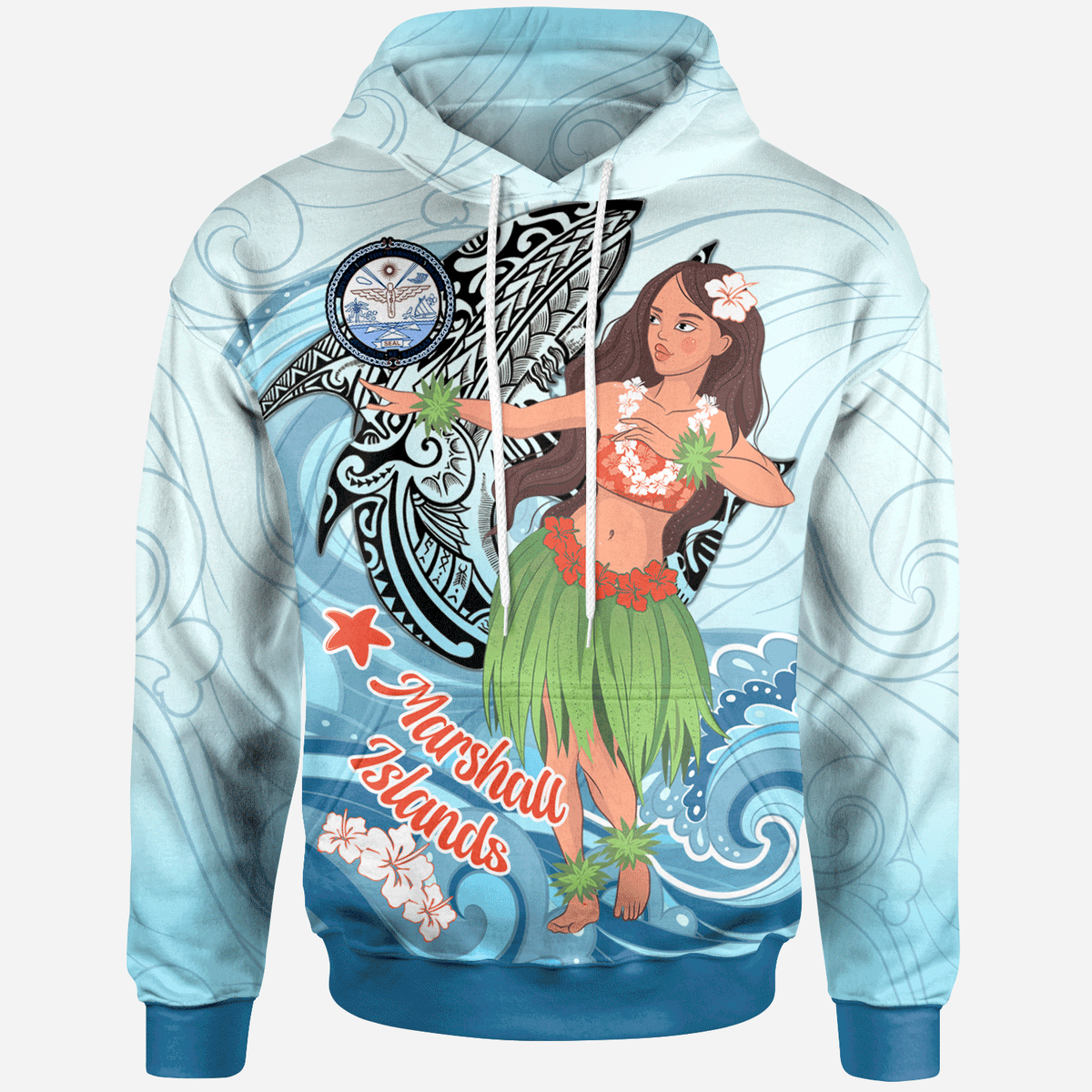 Marshall Islands Hoodie Polynesian Girls With Shark Unisex Blue - Polynesian Pride