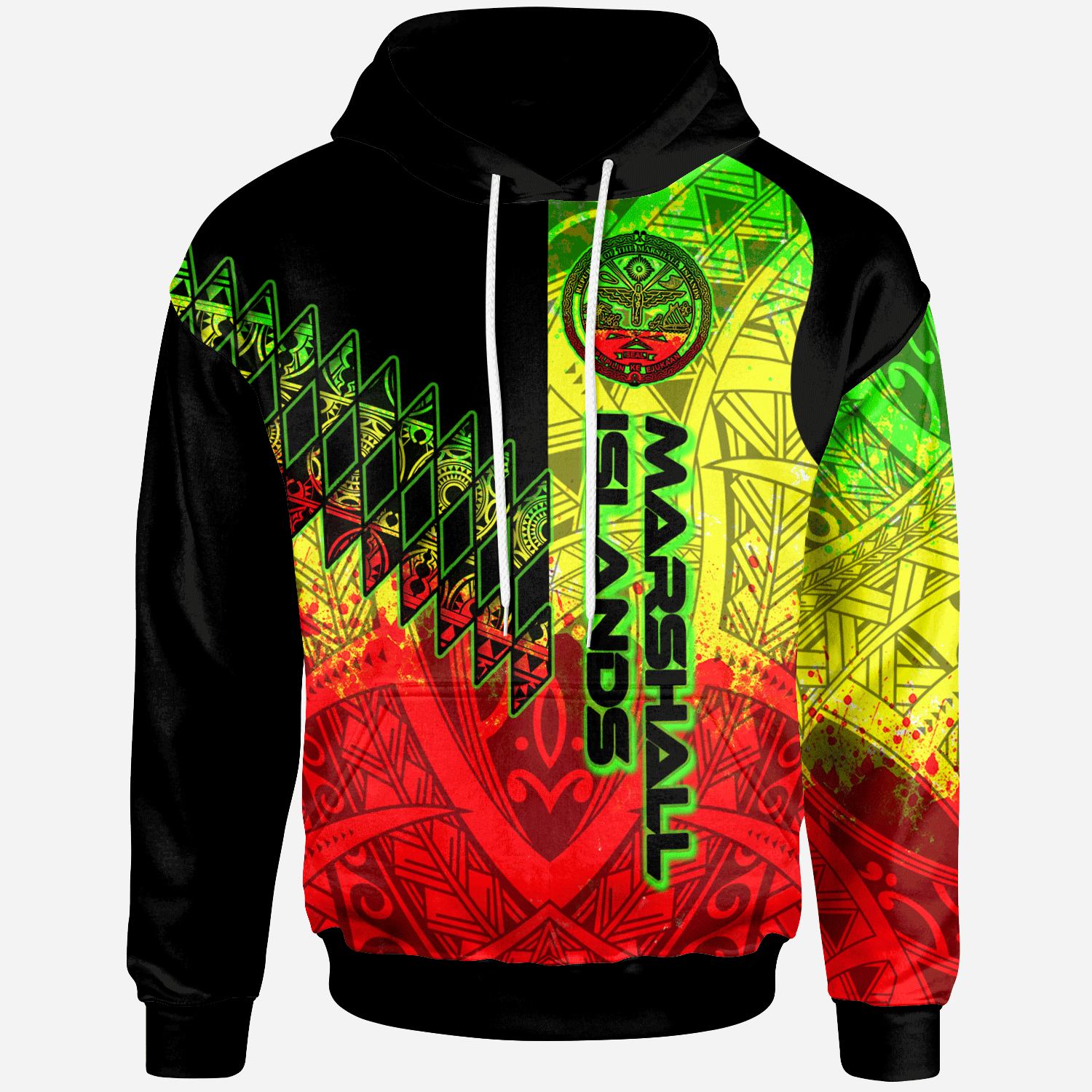 Marshall Islands Hoodie Reggage Color Symmetry Style Unisex Black - Polynesian Pride