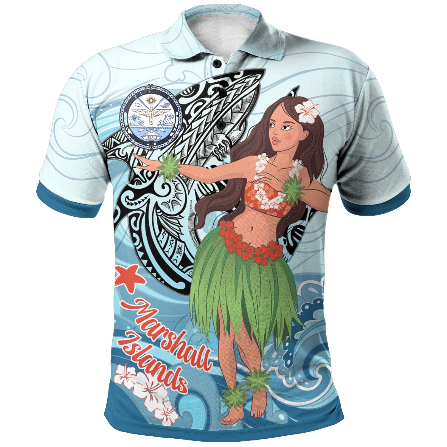 Marshall Islands Polo Shirt Polynesian Girls With Shark Unisex Blue - Polynesian Pride