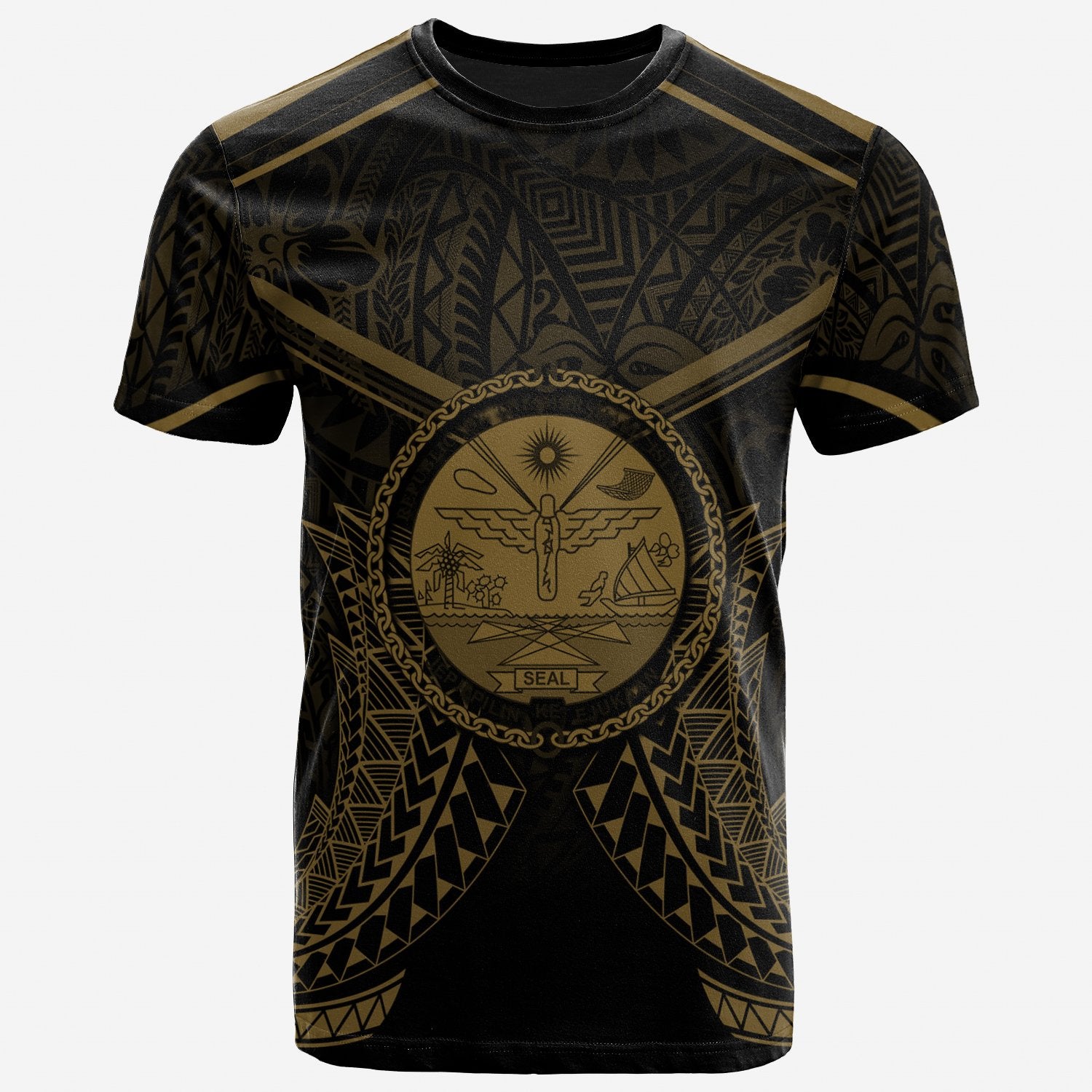 Marshall Islands T Shirt Marshall Islands Seal With Gold Line Style Unisex Black - Polynesian Pride