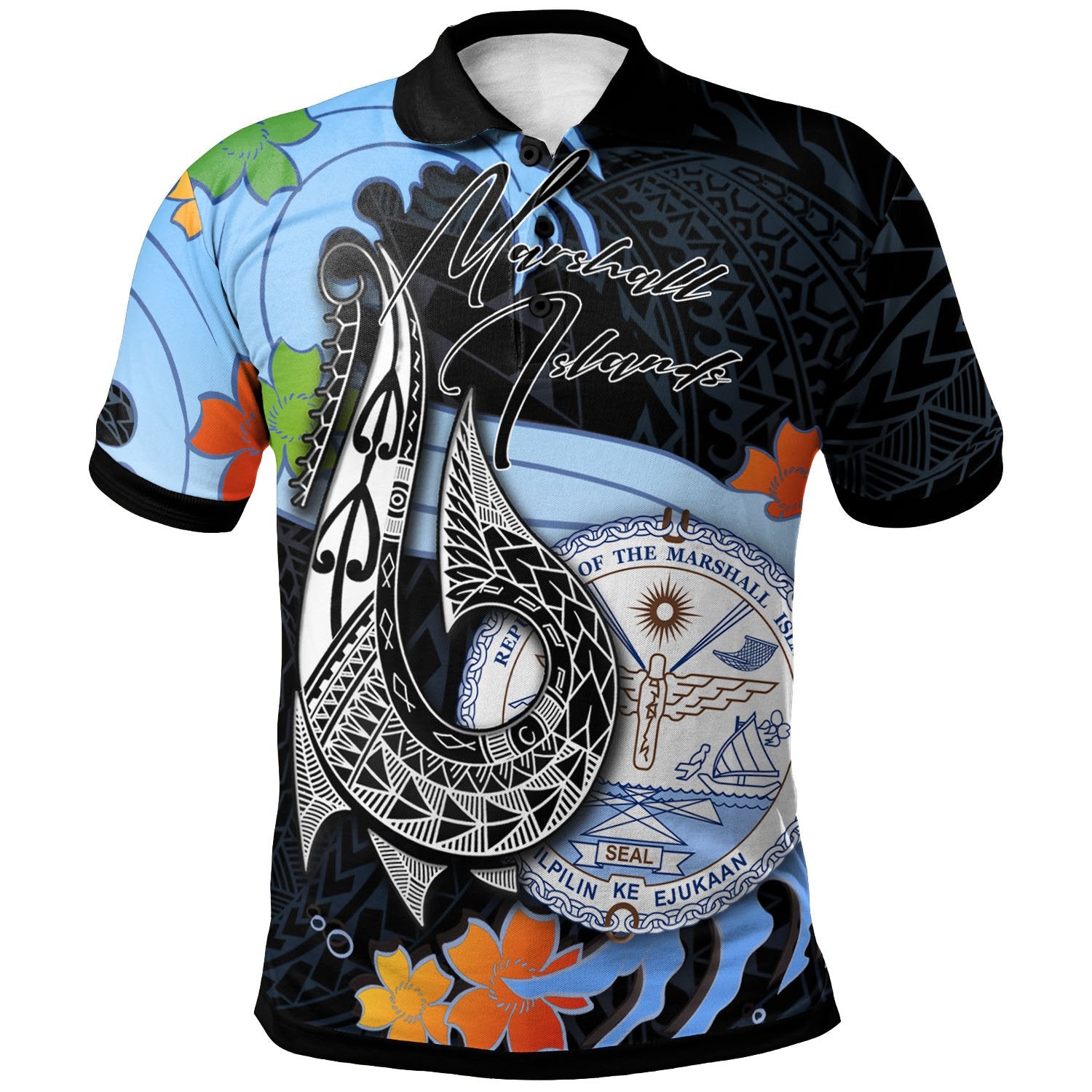 Marshall Islands Polo Shirt Fish Hooks and Wave Unisex Black - Polynesian Pride