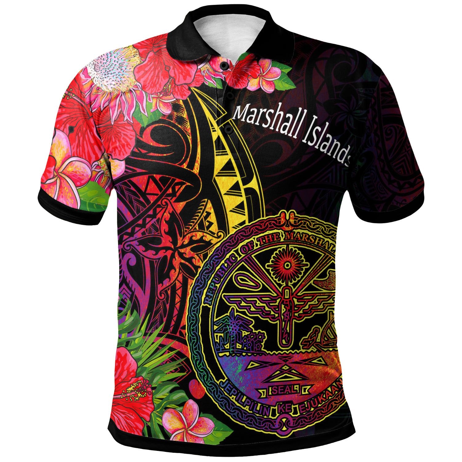 Marshall Islands Polo Shirt Tropical Hippie Style Unisex Black - Polynesian Pride