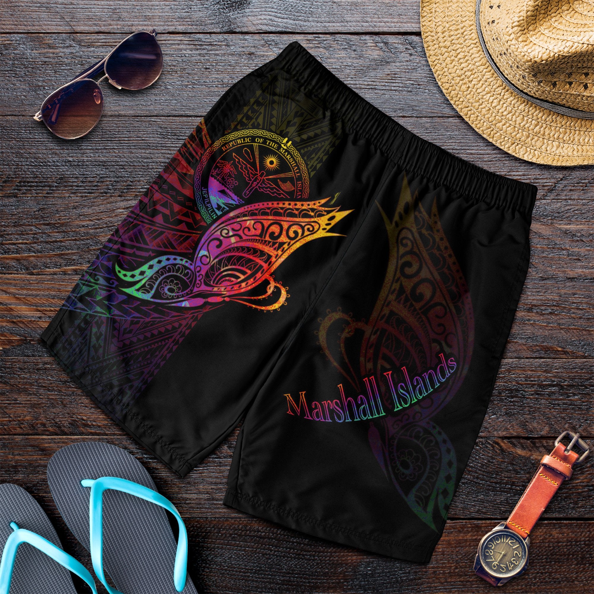 Marshall Islands Men's Shorts - Butterfly Polynesian Style Black - Polynesian Pride