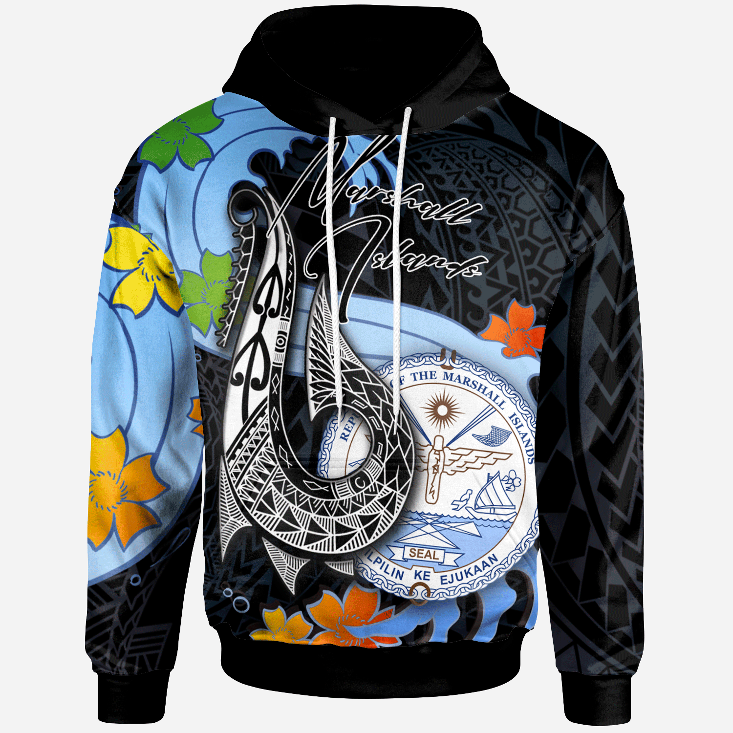 Marshall Islands Hoodie Fish Hooks and Wave Unisex Black - Polynesian Pride