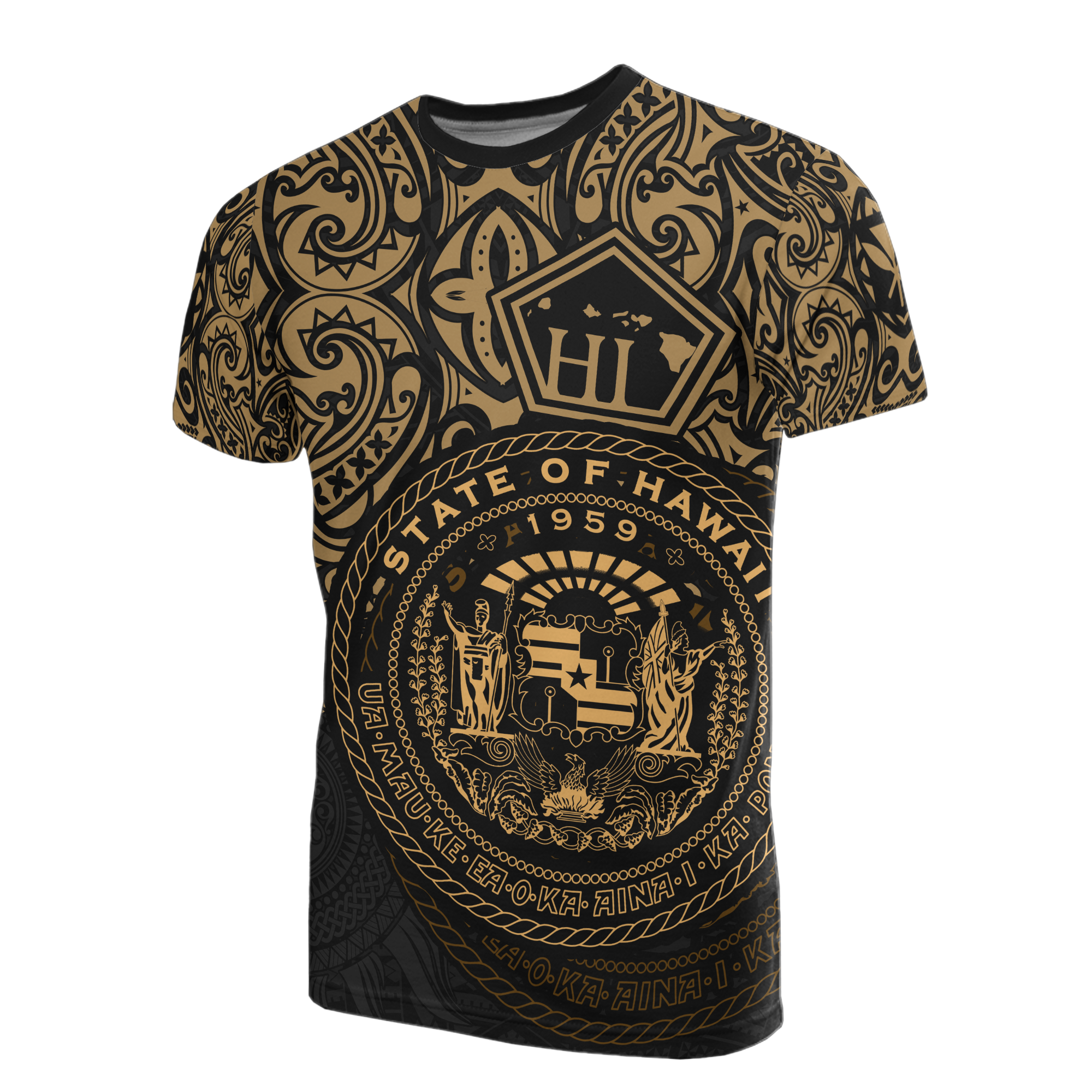 Hawaii Pride T Shirt Hawaii Seal Polynesian Tattoo (Gold) Unisex BLACK - Polynesian Pride