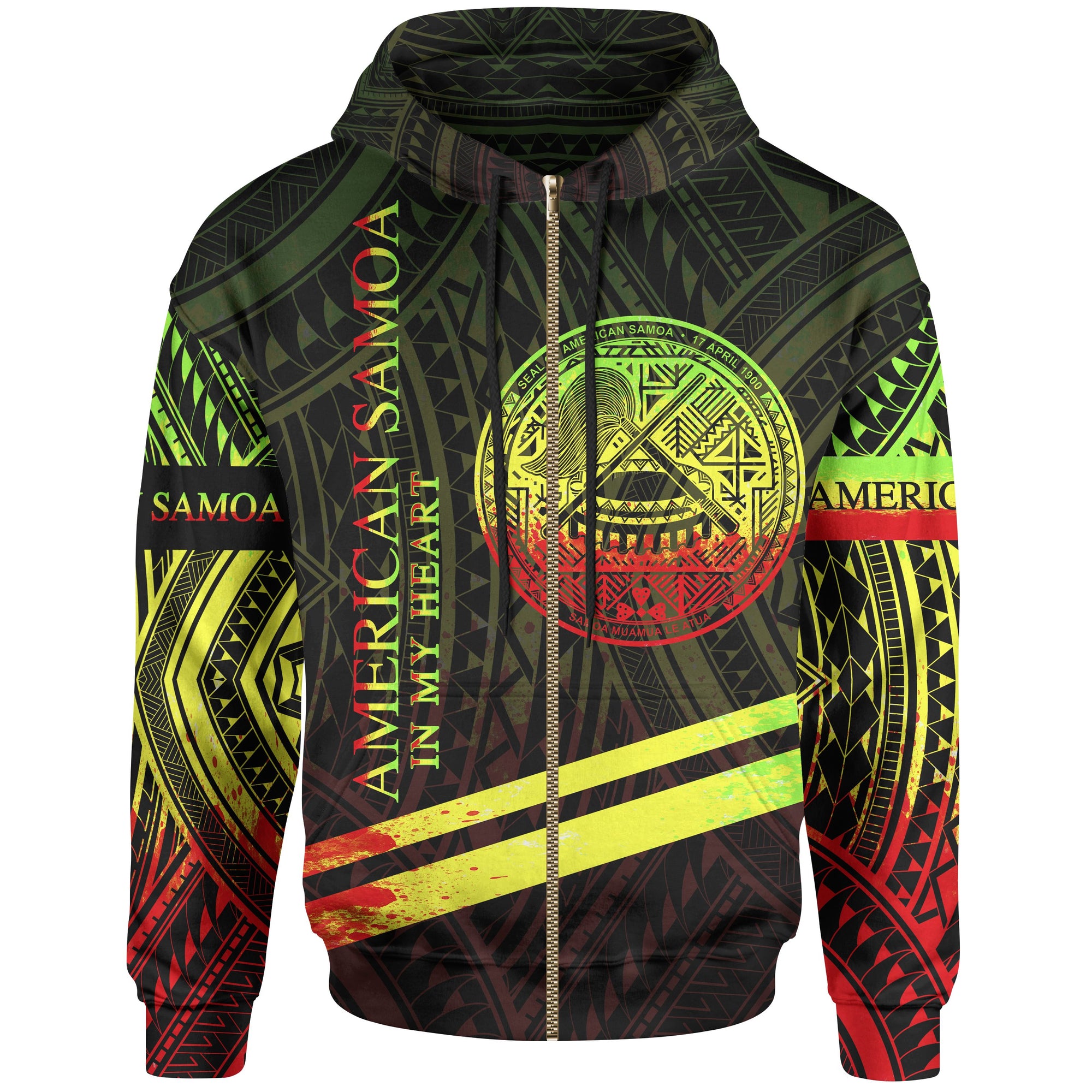 American Samoa Zip Hoodie In My Heart Style Reggae Polynesian Patterns Unisex Black - Polynesian Pride