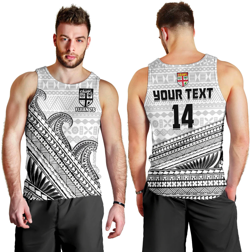 (Custom Text And Number) Fiji Sevens Rugby Men Tank Top Fijian 7s Tapa Polynesian Art LT14 White - Polynesian Pride