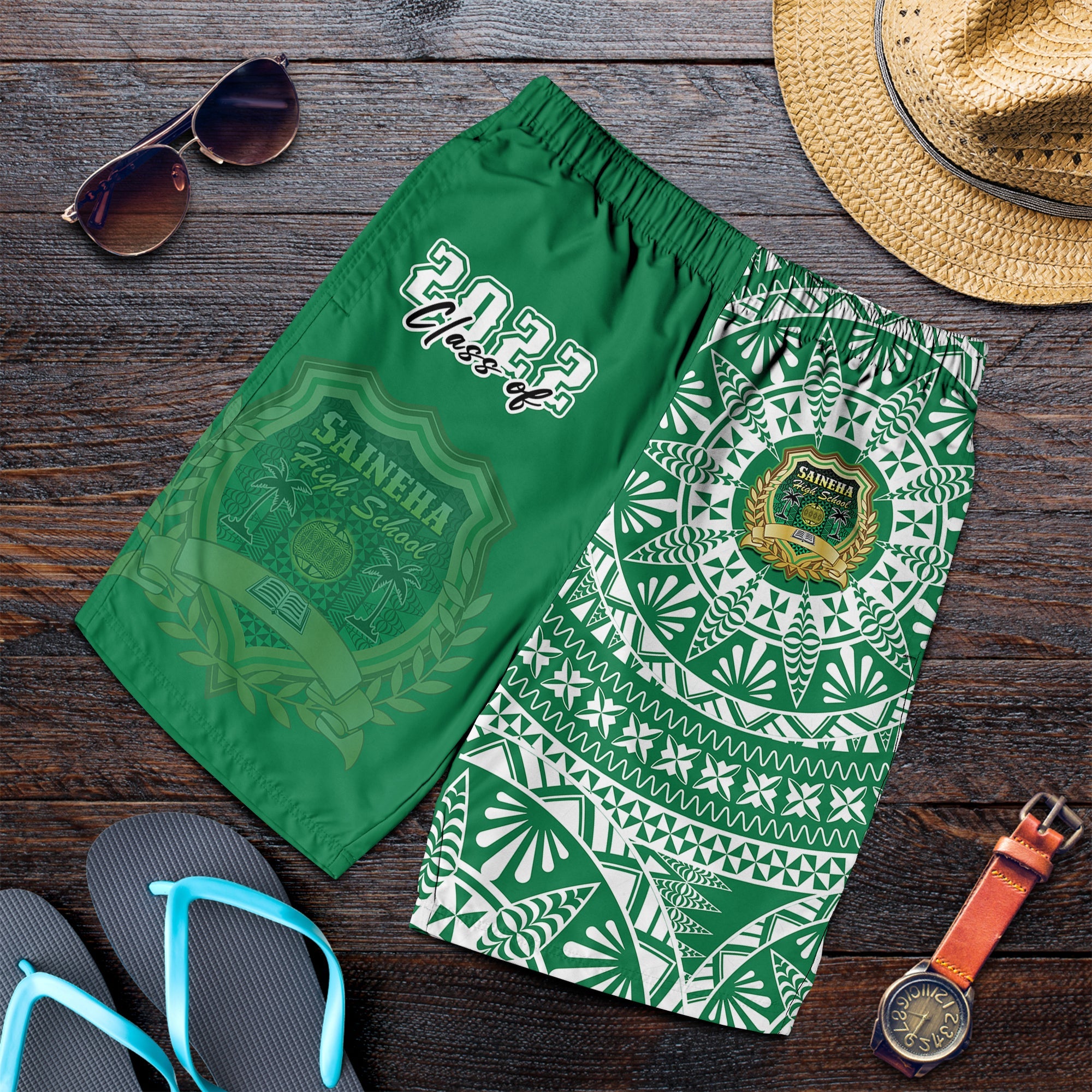 (Custom Your Class Year) Tonga Saineha High School Men Shorts Class Of Year Tongan Ngatu Pattern LT14 Green - Polynesian Pride