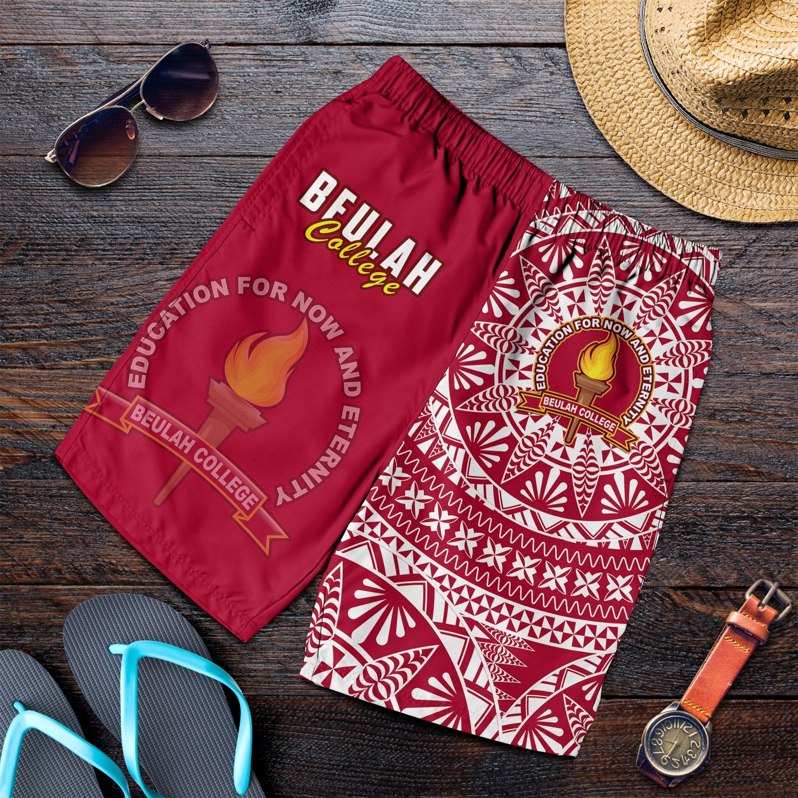 Beulah Tonga College Men Shorts Tongan Ngatu Pattern LT14 Maroon - Polynesian Pride