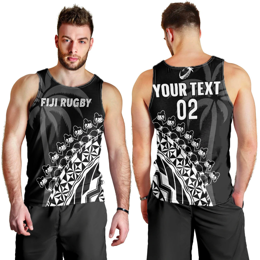 (Custom Text And Number) Fiji Rugby Men Tank Top Fijian Cibi Dance Tapa Pattern Black LT14 Black - Polynesian Pride