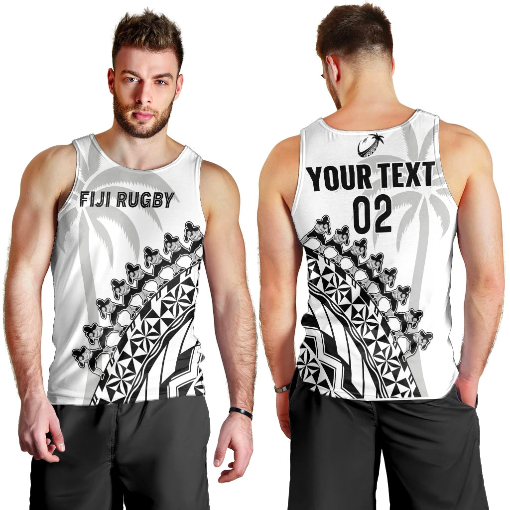 (Custom Text And Number) Fiji Rugby Men Tank Top Fijian Cibi Dance Tapa Pattern White LT14 White - Polynesian Pride