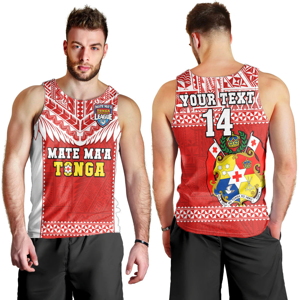 (Custom Text And Number) Tonga Rugby Men Tank Top Mate Maa Tonga Pacific Ngatu White LT14 Red - Polynesian Pride