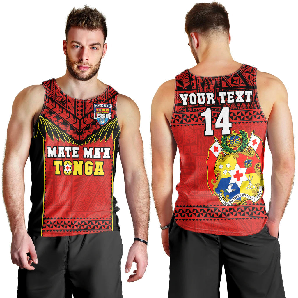(Custom Text And Number) Tonga Rugby Men Tank Top Mate Maa Tonga Pacific Ngatu Black LT14 Red - Polynesian Pride