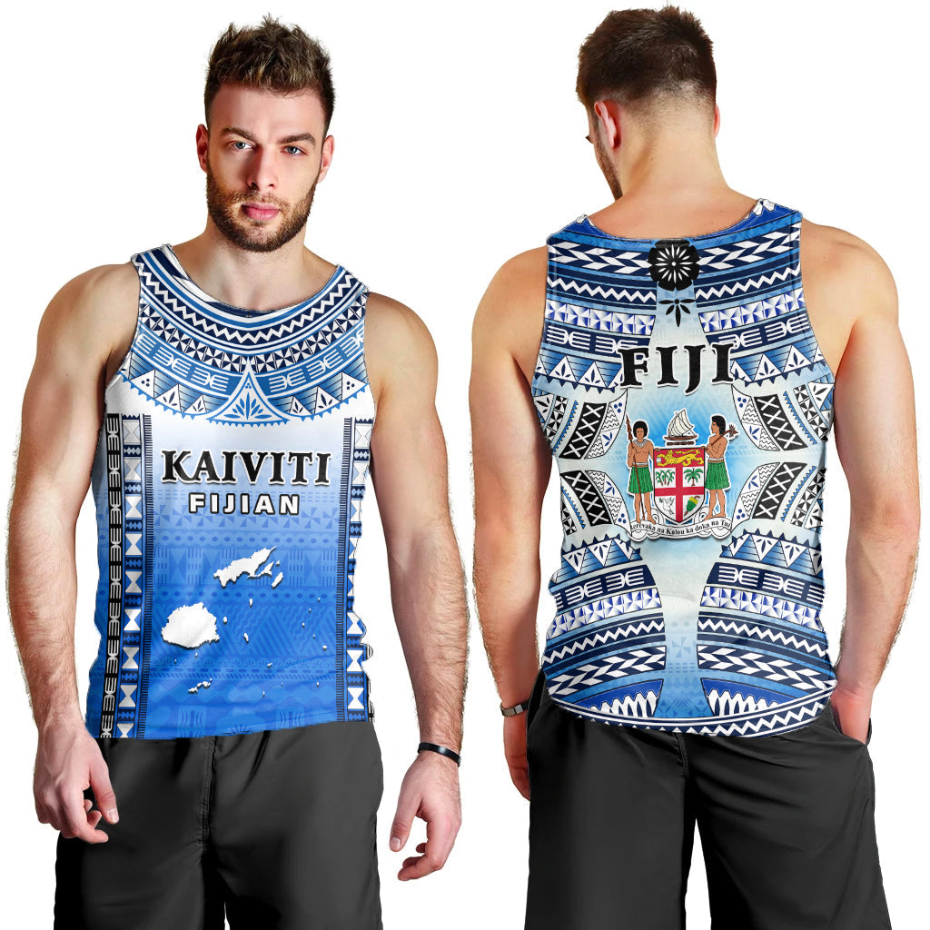 Fiji Men Tank Top Kaiviti Fijian Special Tapa Pattern LT14 Blue - Polynesian Pride